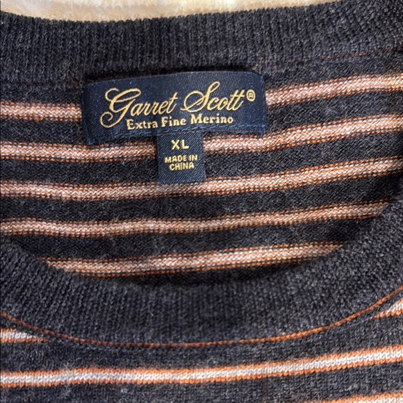 Garret Scott Men's Striped Heather Gray, Tan and Red Striped Merino Wool Sweater - Picture 2 of 7